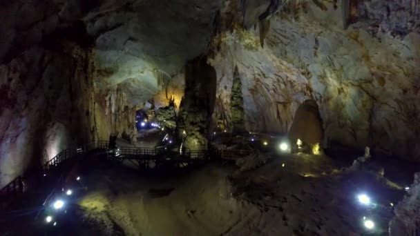 Interesting Study Ancient Geological Karst Cave Illuminated Projectors Countless Stalactite — Stock Video