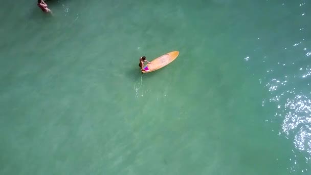 Slim girl in bikini lies on surfboard among ocean — Stock Video