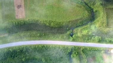 yeşil yatay, tarımsal araziler ile hafif sis kaplı dağ geçidi arkasında resimsel üst view asfalt ülke yolu haçlar