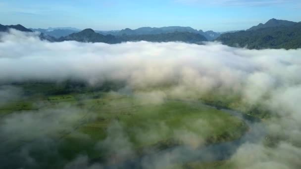 Tremenda Vista Aérea Nuvens Brancas Cobrem Vale Verde Com Rio — Vídeo de Stock