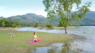 güzel orman hills altında mavi gökyüzü ve kız çimlerin üzerine çevrili Gölü banka resimsel üst panorama büyük yalnız ağaçta