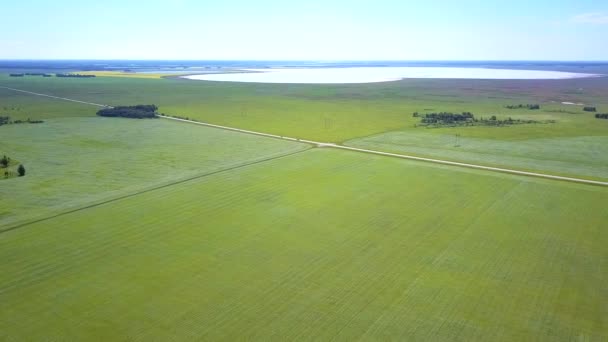 Fantastisches Höhenpanorama Endlose Grüne Felder Durchzogen Von Straße Und See — Stockvideo