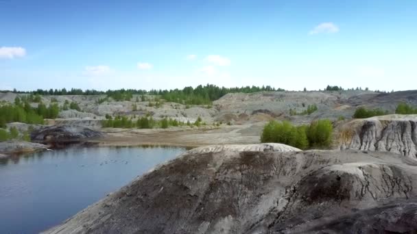 Aerial Amazing Panorama Old Clay Quarry Blue Lakes Islands Birds — Stock Video