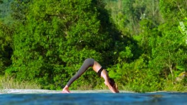 kız aşağı doğru bakan köpek Yoga poz Wood Nehri kıyısında