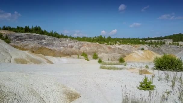 Старый глиняный карьер каменистые склоны против далеких лесов — стоковое видео