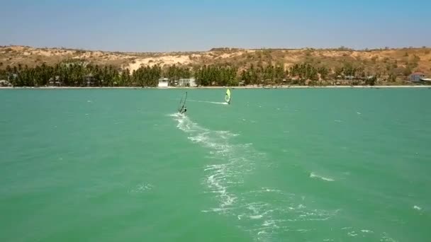 Dos windsurfistas navegan en direcciones opuestas en el océano — Vídeos de Stock