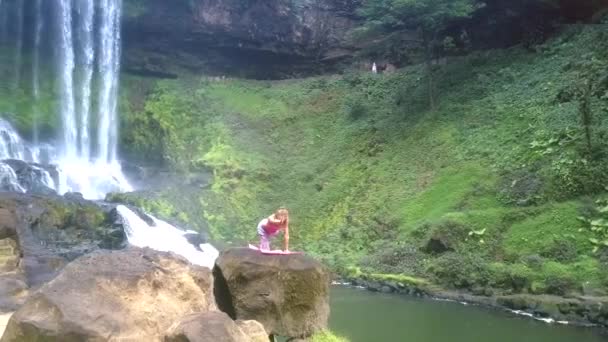 Drohne zeigt Mädchen auf hohem Felsen gegen Wasserfall — Stockvideo