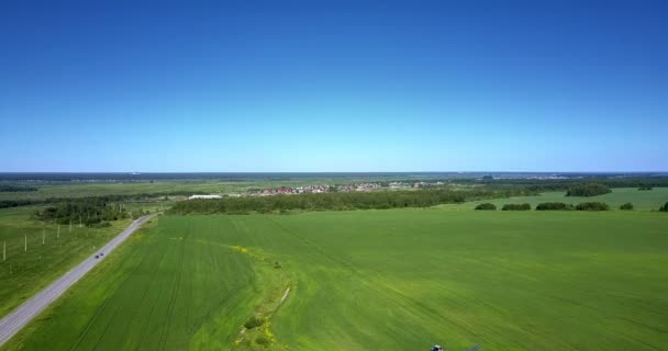 Luchtfoto panorama gewoon groen landschap met weg — Stockvideo