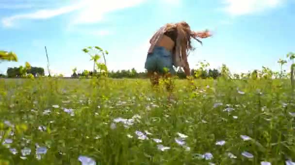 Вид знизу дівчина в шортах торкається квітів гречки — стокове відео