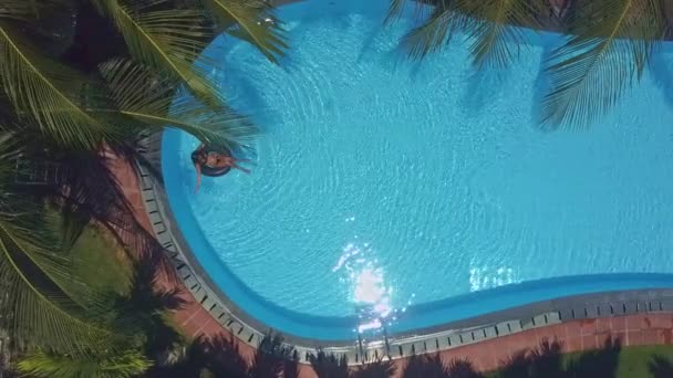 Mulher nada na bóia na piscina sob árvores exóticas — Vídeo de Stock