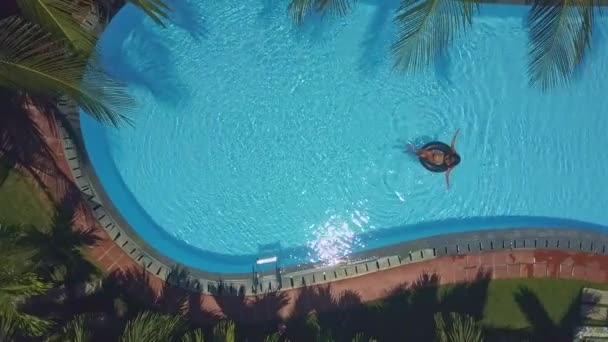 Wind shakes palm branches and lady in pool — Stock Video
