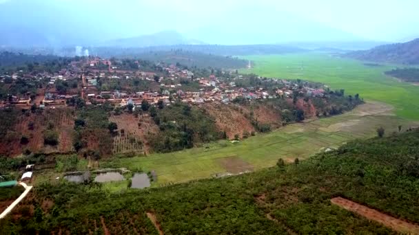 Безпілотник летить з плантації до міста серед зеленої долини — стокове відео