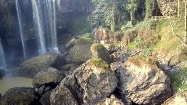 Beautiful waterfall with cliffs and big pool in bottom — Stock Video