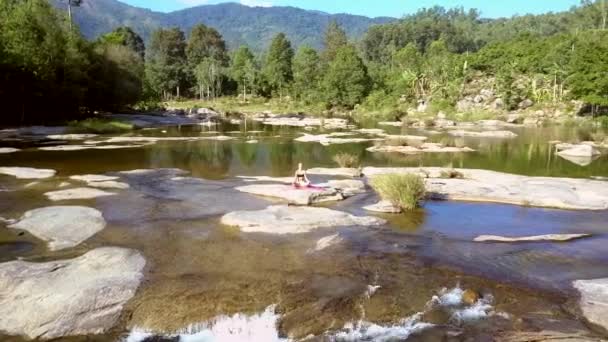 Picturale beeld ondiepe rivier met stroomversnellingen onder jungle — Stockvideo