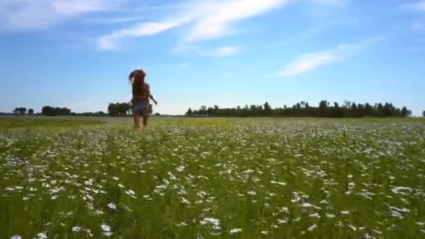 Ветер трясет девушке длинные волосы бегущие по гречишному полю — стоковое видео
