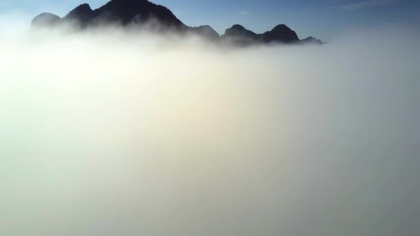 Drone kamera ereszkedik, vastag fehér ködös felhőn keresztül — Stock videók