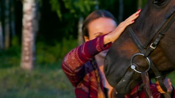 Closeup lady strokes horse face and animal tries to bite — Stock Video