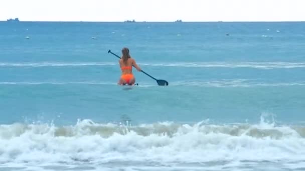 Arkadan görünüm kız okyanus açmak için dizlerinin üstüne oturan kurulu su bendi kapağı — Stok video