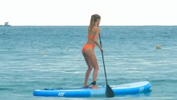 Closeup lady trains to paddle SUP board on open ocean — Stock Video