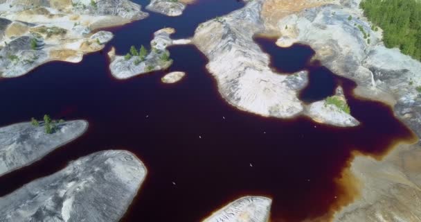 Aerial view old clay quarry with flying birds on summer day — Stock Video