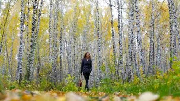 年轻的金发碧眼的苗条的女士在黑色与红色的手提包走在图片金色的桦树在公园 — 图库视频影像