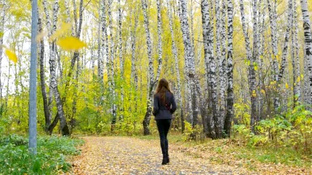 Girl in coat goes disappearing away on yellow park track — Stock Video