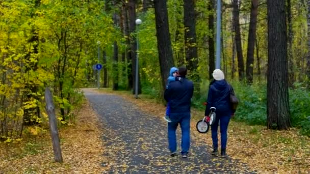 Padre llevando niño madre bicicleta descansar en el parque de abedul — Vídeos de Stock