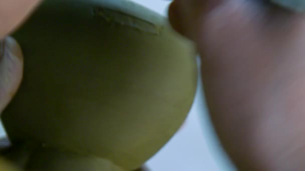 Baksidan Visa potter skär mun i katt huvud modell med kniv — Stockvideo