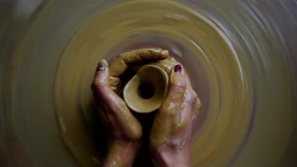 Close Upper Girl Shapes Round Ceramic Vase On Pottery Wheel