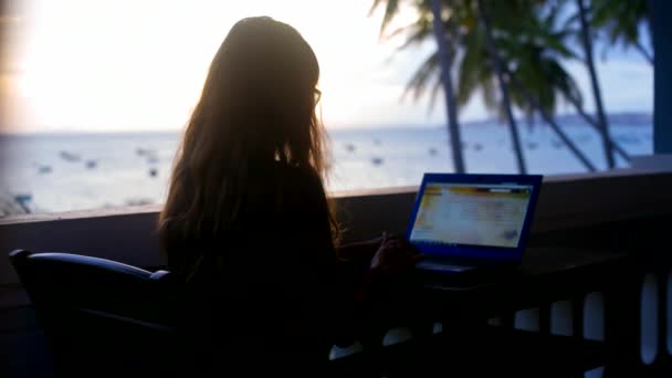 Hátul hosszú hajú lány ül előtt notebook-óceán — Stock videók