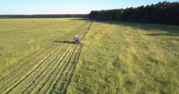 惊人的空中景观老机器与旋转切割机割草在草地上美丽的蓝天下 — 图库视频影像