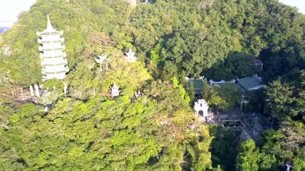 Zoom out buddhist temple on green hill surrounded by city — Stock Video