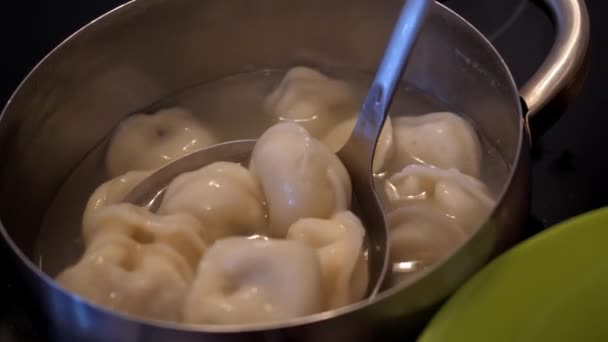 Nauwe persoon neemt uit dumplings met pollepel zet op plaat — Stockvideo