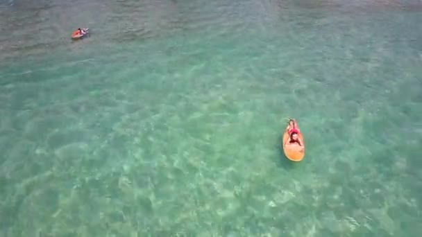Camera hangs above girl tanning on surfboard among ocean — Stockvideo