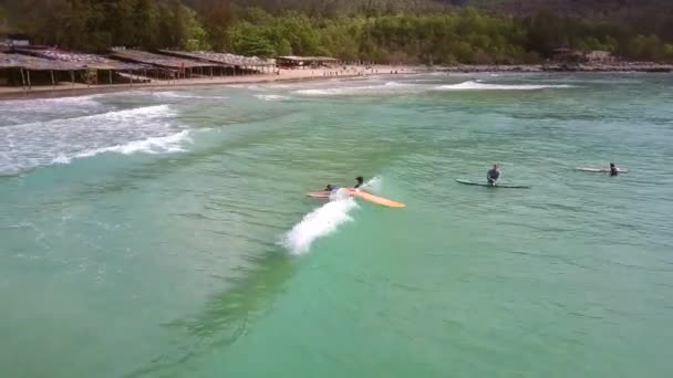 Surfer nybörjare Rider våg och faller ner på crest — Stockvideo