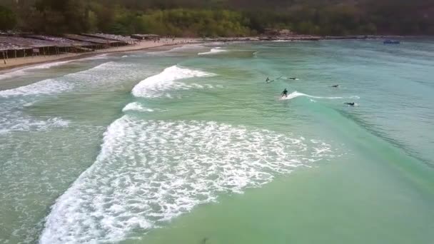 Surfista en gorra se las arregla para coger la ola y salta en la playa — Vídeos de Stock