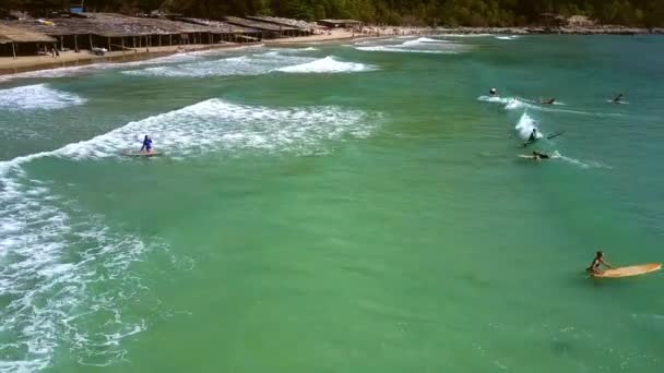 Flygfoto surfer nybörjare gör övningar på vågor — Stockvideo