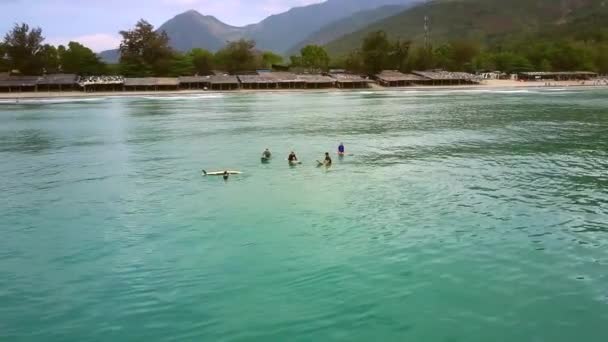 Los surfistas se sientan a nadar en tablas de surf en aguas poco profundas — Vídeo de stock