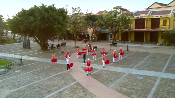 Senior ladies in red and white train fitness on square — Stock Video