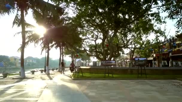 Вуличний артист несе фотографії на скутер під пальмами — стокове відео