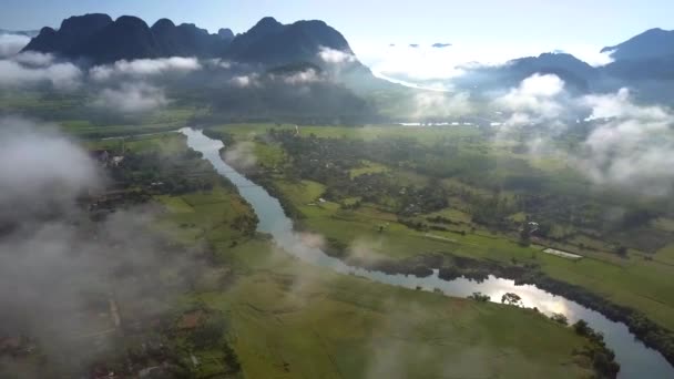 강 아침 안개를 통해 볼 수 있는 농촌 풍경 — 비디오