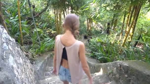 Задняя девушка с косой спускается по каменным ступеням по склону холма — стоковое видео