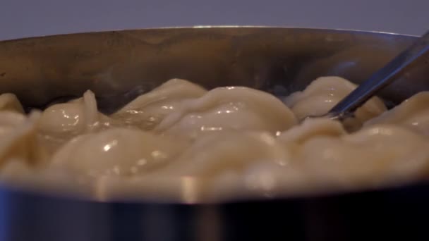 Makro člověk vytáhne knedlík s lžící ukazuje vařené jídlo — Stock video