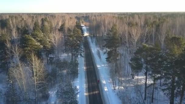 Movimento aéreo acima da estrada com o homem correndo na floresta de inverno — Vídeo de Stock