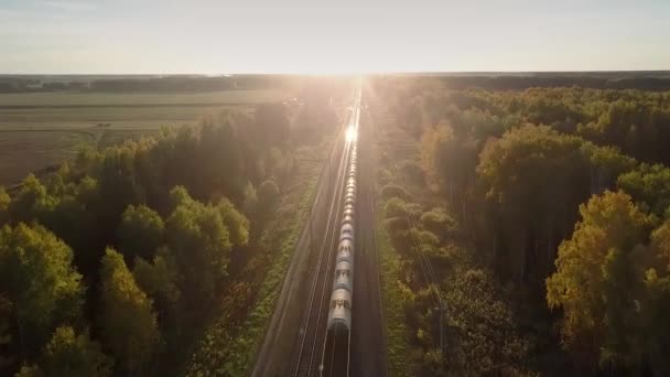 Luchtfoto instellen van zon schijnt op bewegende trein stortbakken — Stockvideo