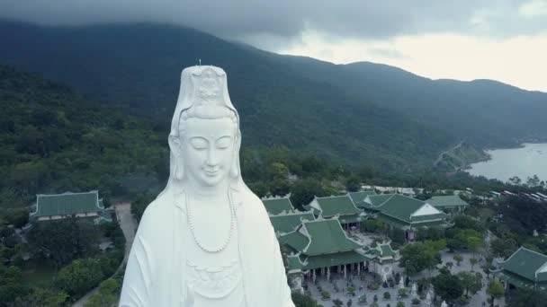 Птичий полет огромная статуя Будды в религиозном комплексе — стоковое видео