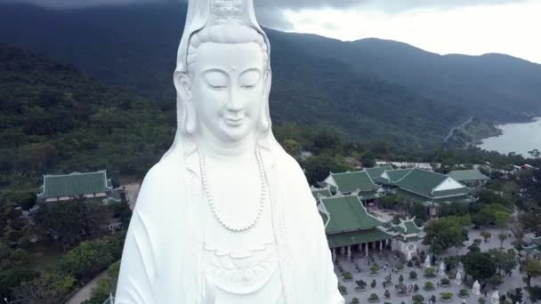 Hatalmas, mosolygó buddha szobor ellen erdő felső nézet bezárása — Stock videók