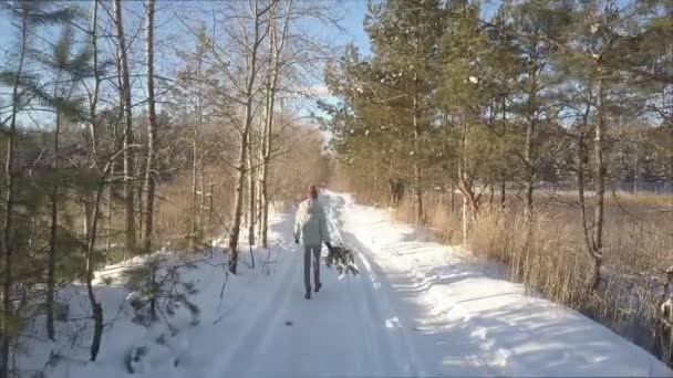 Bovenste achterkant meisje met pine tak loopt langs Houten spoor — Stockvideo