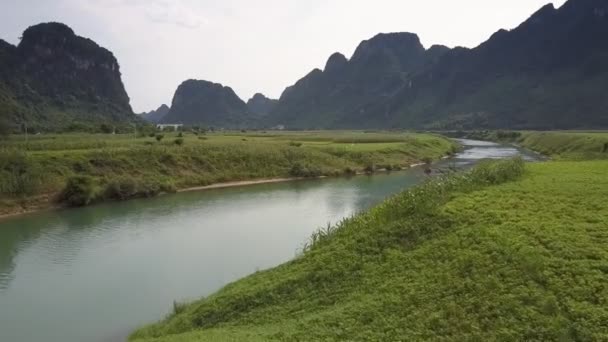 Vista de pájaro sinuoso río entre verdes campos de cacahuetes — Vídeos de Stock