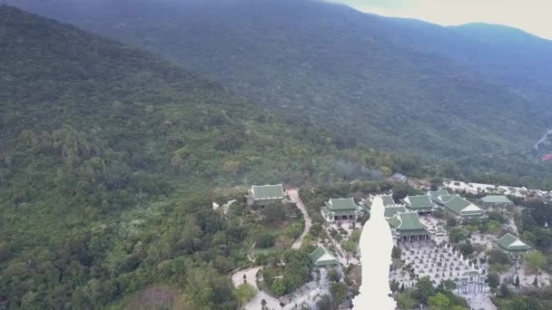 Vista aérea estatua de buda y casas con techos verdes — Vídeo de stock